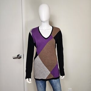 Gerry Weber Purple Grey Black Brown Diamond Lng Sleeve Back Tie Sweater Sz 12